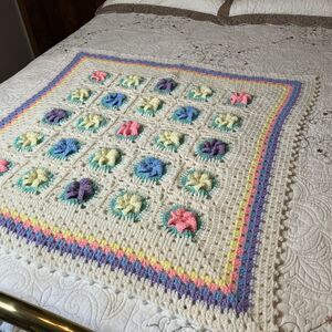 Vtg Handmade Crochet Granny Blanket Afghan Baby Spring Pastel 3D Roses Flowers